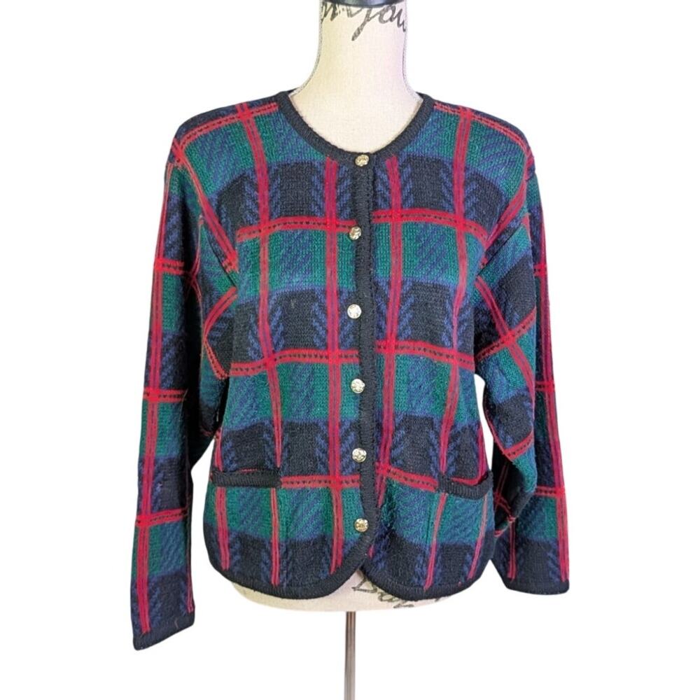 Vintage Tally Ho Plaid Cardigan Gold Button Preppy Sweater